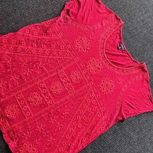 Lucky‎ Brand Embroidered Aztec Top Details Short Sleeve Casual Red 1X